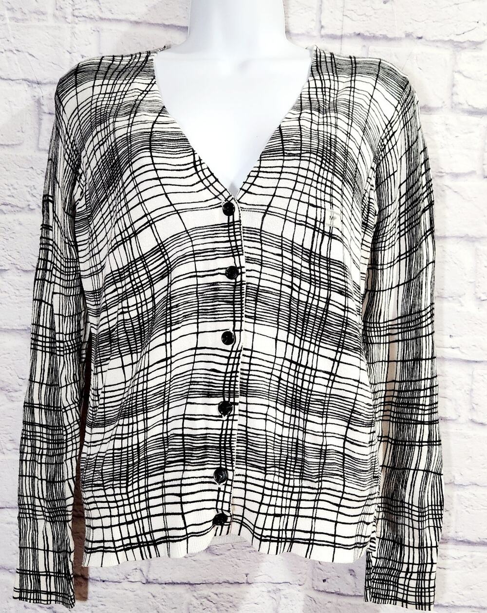 Loft White Black Plaid Button Up Cardigan Sweater MP Lightweight Soft Stretchy
